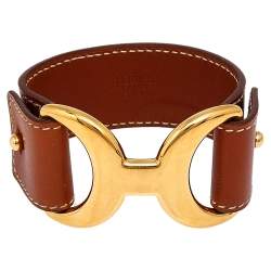 Pre Owned Hermes Pavane Brown Leather Gold Plated Bracelet S