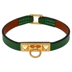 Pre Owned Hermes Micro Rivale Green Leather Bracelet S