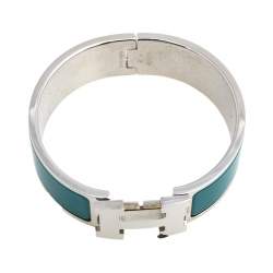 Pre Owned Hermès Clic Clac H Green Enamel Palladium Plated Wide Bracelet PM