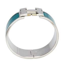 Pre Owned Hermès Clic Clac H Green Enamel Palladium Plated Wide Bracelet PM