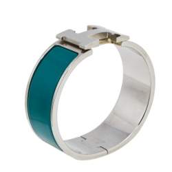 Pre Owned Hermès Clic Clac H Green Enamel Palladium Plated Wide Bracelet PM