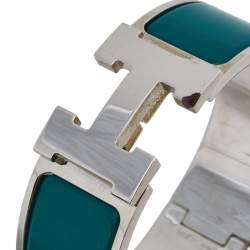 Pre Owned Hermès Clic Clac H Green Enamel Palladium Plated Wide Bracelet PM