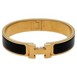 Pre Owned Hermes Clic H Black Enamel Gold Plated Narrow Bracelet PM