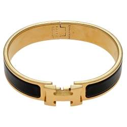 Pre Owned Hermes Clic H Black Enamel Gold Plated Narrow Bracelet PM