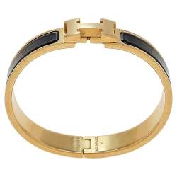 Pre Owned Hermes Clic H Black Enamel Gold Plated Narrow Bracelet PM