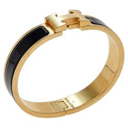 Pre Owned Hermes Clic H Black Enamel Gold Plated Narrow Bracelet PM