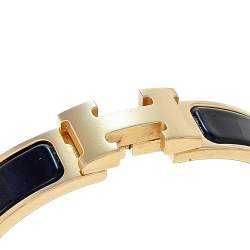 Pre Owned Hermes Clic H Black Enamel Gold Plated Narrow Bracelet PM