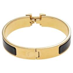 Pre Owned Hermes Clic H Black Enamel Gold Plated Narrow Bracelet PM
