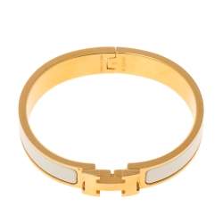 Pre Owned Hermes Clic H Gold Plate White Enamel Cuff Bracelet PM