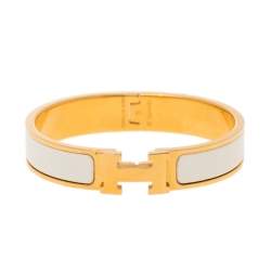 Pre Owned Hermes Clic H Gold Plate White Enamel Cuff Bracelet PM