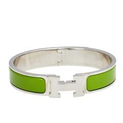 Pre Owned Hermès Clic H Green Enamel Palladium Plated Narrow Bracelet
