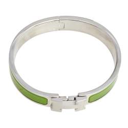 Pre Owned Hermès Clic H Green Enamel Palladium Plated Narrow Bracelet