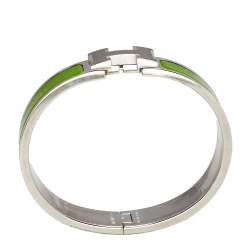 Pre Owned Hermès Clic H Green Enamel Palladium Plated Narrow Bracelet