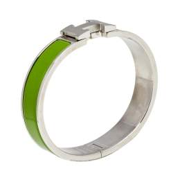 Pre Owned Hermès Clic H Green Enamel Palladium Plated Narrow Bracelet