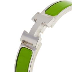Pre Owned Hermès Clic H Green Enamel Palladium Plated Narrow Bracelet