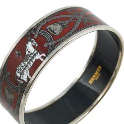 Pre Owned Hermès Red Grand Apparat Enamel Palladium Plated Wide Bangle Bracelet