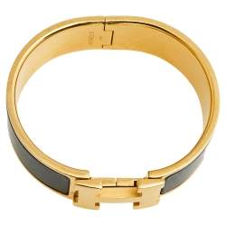 Pre Owned Hermès Clic Clac H Black Enamel Gold Plated Wide Bracelet