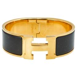Pre Owned Hermès Clic Clac H Black Enamel Gold Plated Wide Bracelet