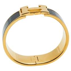 Pre Owned Hermès Clic Clac H Black Enamel Gold Plated Wide Bracelet