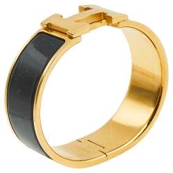 Pre Owned Hermès Clic Clac H Black Enamel Gold Plated Wide Bracelet