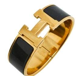 Pre Owned Hermès Clic Clac H Black Enamel Gold Plated Wide Bracelet
