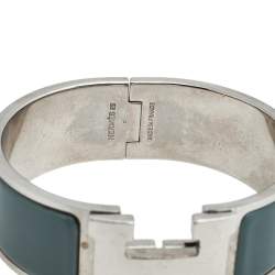 Pre Owned Hermès Clic Clac H Grey Enamel Palladium Plated Wide Bracelet