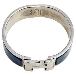 Pre Owned Hermès Clic Clac H Grey Enamel Palladium Plated Wide Bracelet