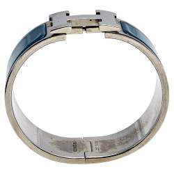 Pre Owned Hermès Clic Clac H Grey Enamel Palladium Plated Wide Bracelet
