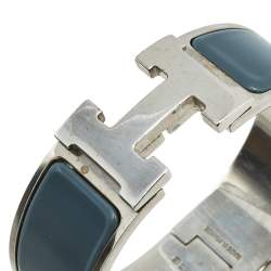 Pre Owned Hermès Clic Clac H Grey Enamel Palladium Plated Wide Bracelet