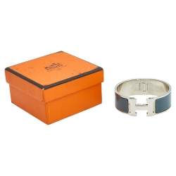Pre Owned Hermès Clic Clac H Grey Enamel Palladium Plated Wide Bracelet