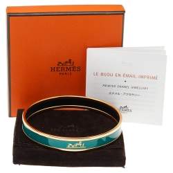 Pre Owned Hermès Calèche Green Enamel Gold Plated Bangle Bracelet