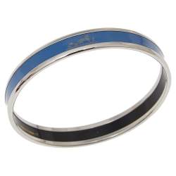 Pre Owned Hermès Calèche Light Blue Enamel Palladium Plated Bangle Bracelet