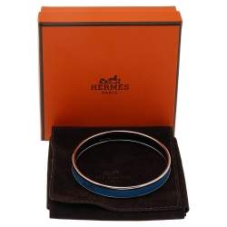 Pre Owned Hermès Calèche Light Blue Enamel Palladium Plated Bangle Bracelet