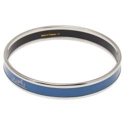Pre Owned Hermès Calèche Light Blue Enamel Palladium Plated Bangle Bracelet