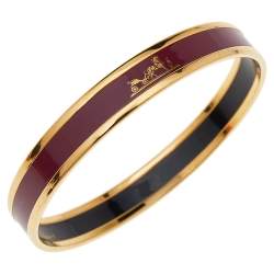 Pre Owned Hermès Calèche Mauve Enamel Gold Plated Bangle Bracelet