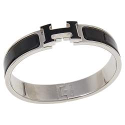 Pre Owned Hermès Clic H Black Enamel Palladium Plated Narrow Bracelet