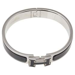 Pre Owned Hermès Clic H Black Enamel Palladium Plated Narrow Bracelet