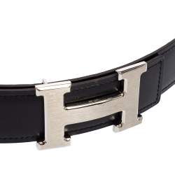 Pre Owned Hermes Black/Chocolate Chamonix and Togo Leather H Buckle Reversible Belt 110CM