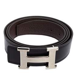 Pre Owned Hermes Black/Chocolate Chamonix and Togo Leather H Buckle Reversible Belt 110CM
