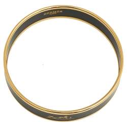 Pre Owned Hermès Caleche Black Enamel Gold Plated Bangle Bracelet