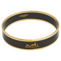 Pre Owned Hermès Caleche Black Enamel Gold Plated Bangle Bracelet