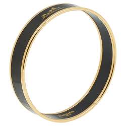 Pre Owned Hermès Caleche Black Enamel Gold Plated Bangle Bracelet