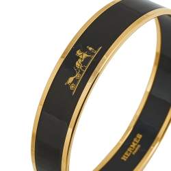 Pre Owned Hermès Caleche Black Enamel Gold Plated Bangle Bracelet