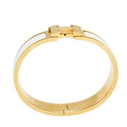 Pre Owned Hermes Clic H Gold Plated White Enamel Cuff Bracelet