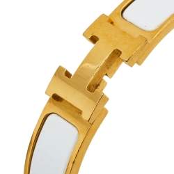 Pre Owned Hermes Clic H Gold Plated White Enamel Cuff Bracelet