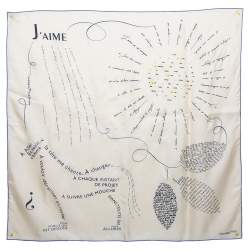 Hermès Cream Embroidered & Printed Calligram Silk Scarf