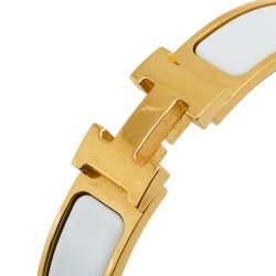 Pre Owned Hermès Clic H White Enamel Gold Plated Narrow Bracelet