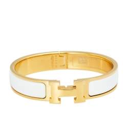 Pre Owned Hermès Clic H White Enamel Gold Plated Narrow Bracelet