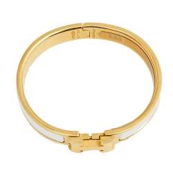 Pre Owned Hermès Clic H White Enamel Gold Plated Narrow Bracelet