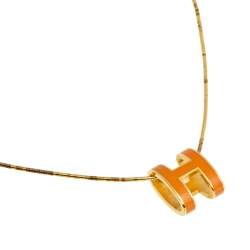 Pre Owned Hermes Pop H Orange Enamel Pendant Gold Plated Boxy Chain Necklace